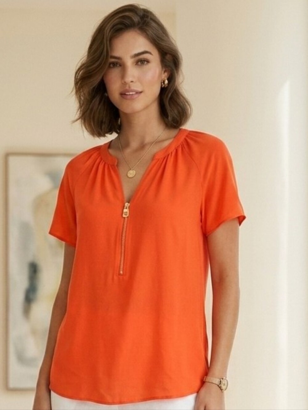 MICHAEL Michael Kors Orange Zip V-Neck Blouse Size  XL